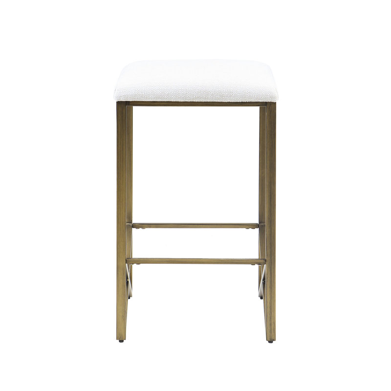 Tabouret de comptoir sans dossier d'une hauteur de 26 po - minimaliste et frais. Base en métal bronze, siège rembourré pour le confort. Assemblage requis, outils inclus dans le paquet Base rembourrée de 26 po avec espace de loisirs compact requis