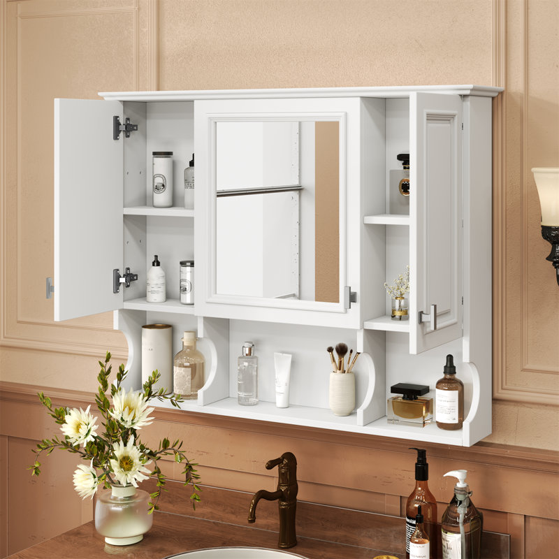 35" W X 29" H Surface Framed Wall Mounted Medicine Cabinet With Mirror And Adjustable Inner Shelves, White