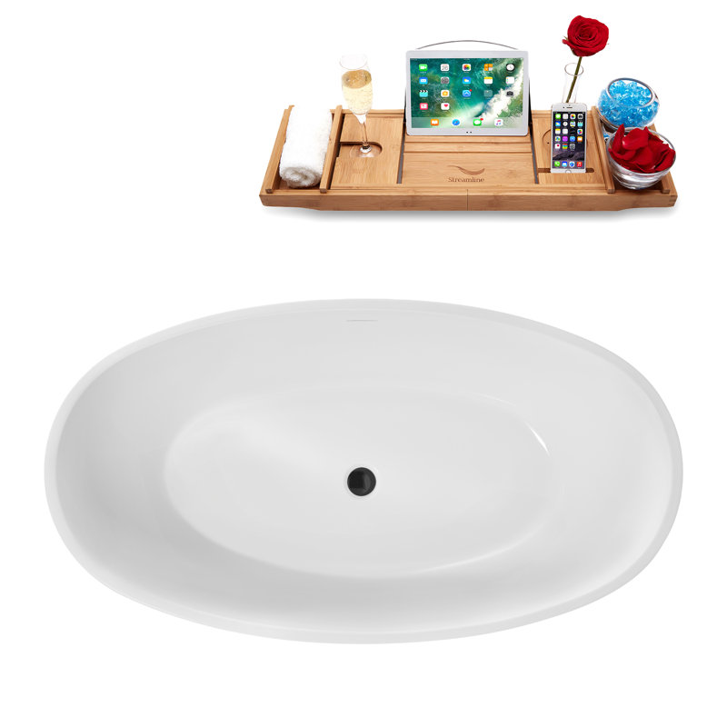 55" Streamline Soaking Glossy White Freestanding Tub and Tray With Internal Drain, Brushed GunMetal