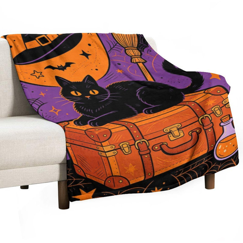 Jeté de chat noir sur flanelle de luxe orange, couverture douce et chaude pour le canapé-lit du salon, 40 po x 50 po