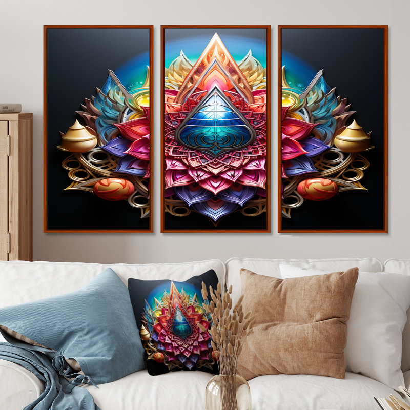 Cosmic rainbow floral géométrie - ensemble d'art mural mandala boho, Cadre flottant brun, H 32 po x l 48 po x P 1 po