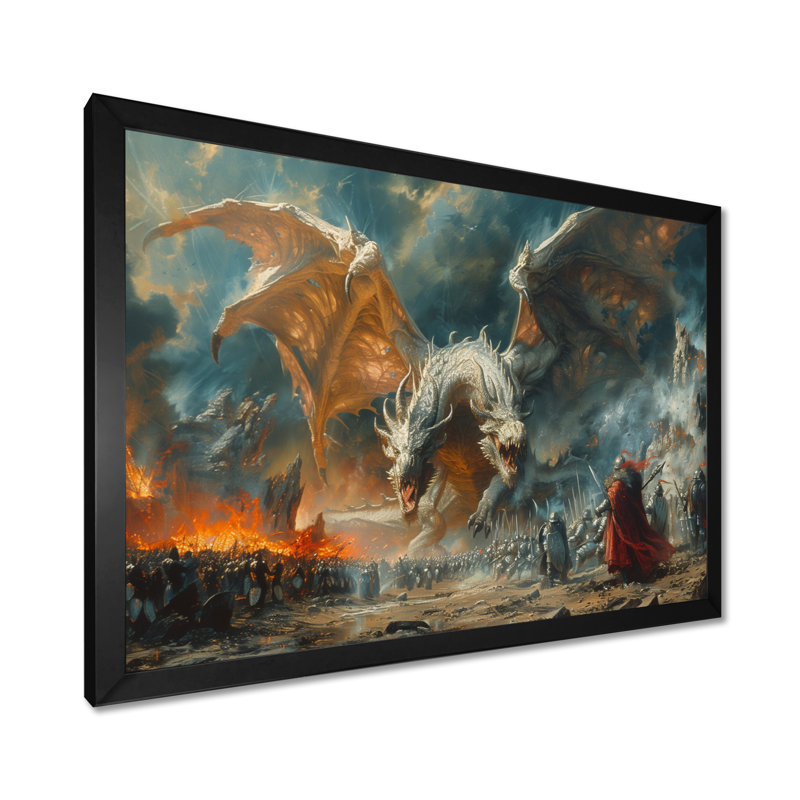 Décoration murale épique entre dragons et militaires II - Dragons, Toile encadrée noire simple, H 16 po x l 32 po x P 1 po