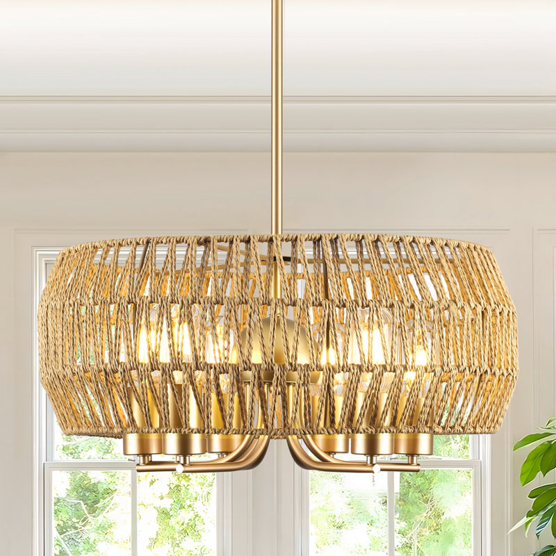 Lustre tambour en rotin 6 lumières Anela, Doré
