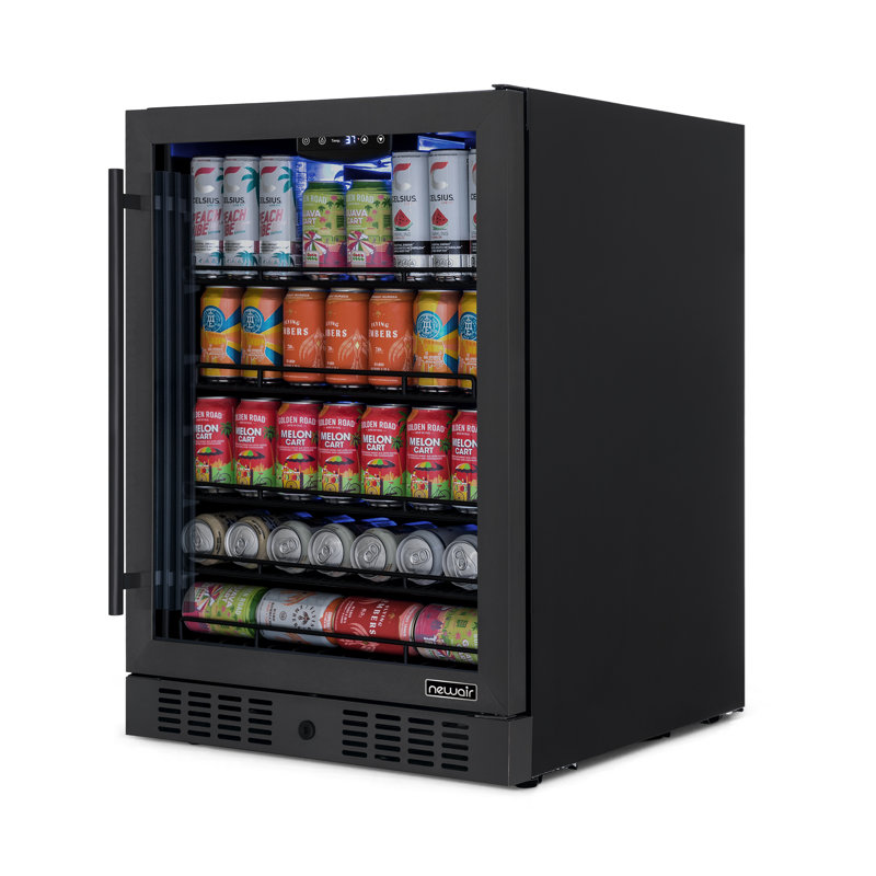 Newair 24" Beverage Refrigerator 177 Can Capacity, Black Stainless Steel Fridge with Built-in Cooler and Glass Door