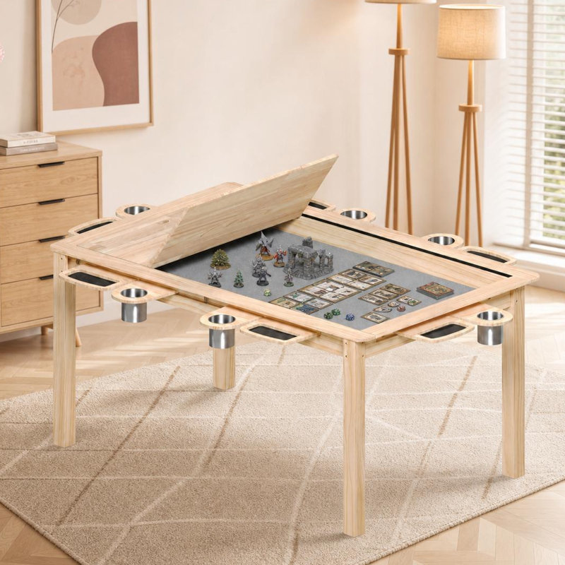 Table de jeu en bois massif avec plateau amovible, comprend un tapis de jeu, 6 porte-gobelets et plateaux de loisirs amovibles, une table de jeu et de salle à manger pour les réunions de famille