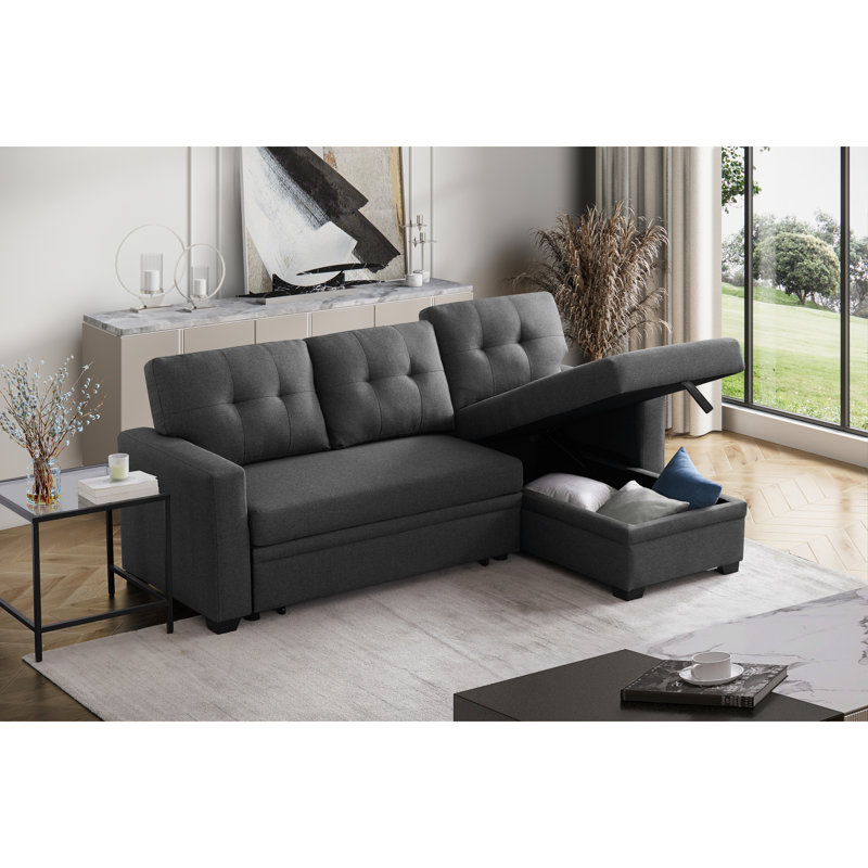 3 convertibles rembourrés en lin gris foncé avec méridienne coulissante et espace de rangement, rembourrage en mousse, canapé-lit simple, coussins de dossier amovibles, parfaits pour les invités qui passent la nuit, 82 po de largeur, 53 po de profondeur, 34,5 po