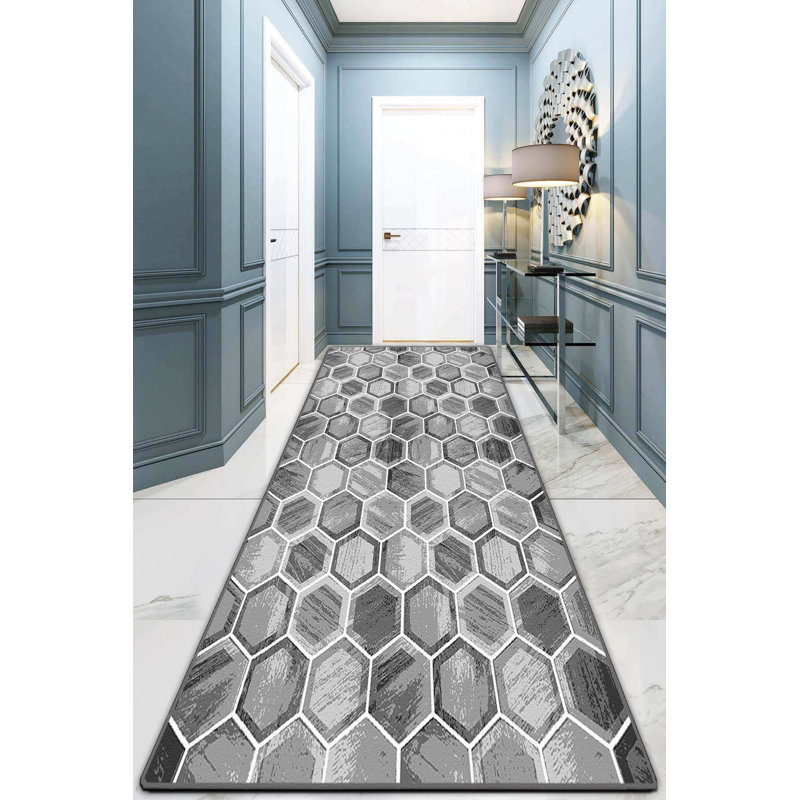 Tapis gris / noir en polyester tissé à plat à la main à motif géométrique Telfair, Rectangle 2 pi 7 po x 4 pi 11 po