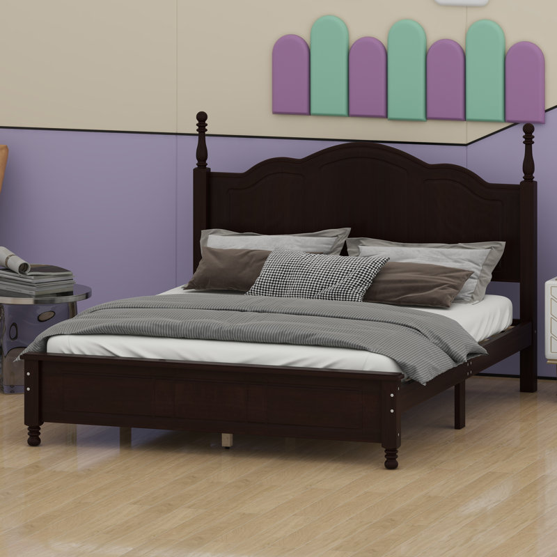 Structure de lit plateforme de style rétro avec support de lattes en bois robuste, Dark Walnut