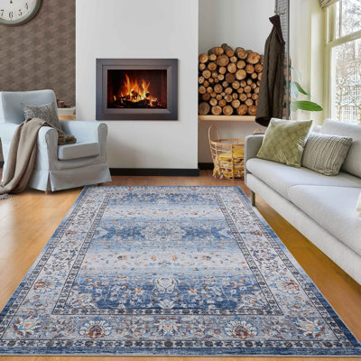 Retro Bohemia Aesthetics Distressed Rug Machine Washable Indoor Low Pile Non Slip Area Rug for Living Room Bedroom Stain Resistant Non-Shedding Durable Carpet Soft Floor Mat Room Decor