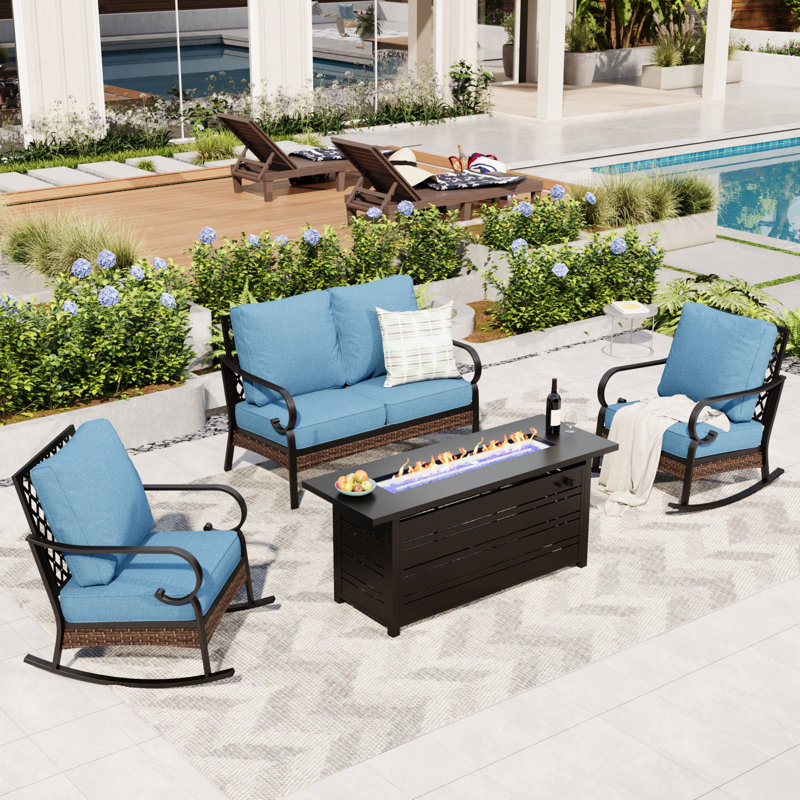 4 - Person Patio Furniture Outdoor Conversation Sets With Fire Pit Table, White/Blue/Brown