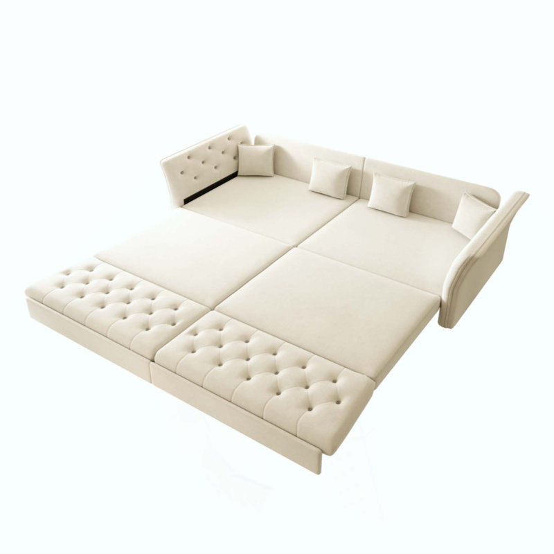 " Velvet Sleeper Sofa, 100" W, Beige + velours blanc