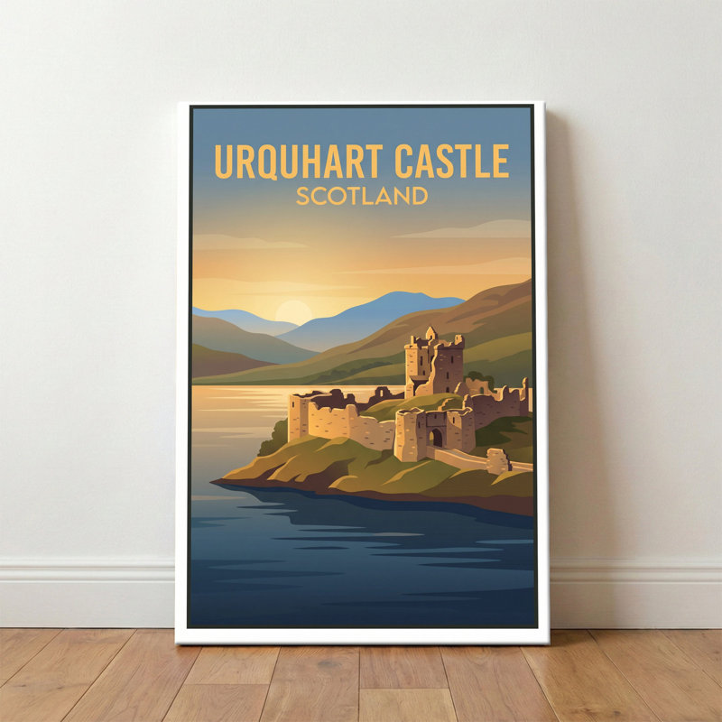 Urquhart Castle, Scotland - Loch Ness Romance Travel Poster - Castle and Highlands Print. Giclee Print on Wrapped Canvas. Wall Art, Home Decor - Castles & Palaces, Scotland 1 Piece Wrapped Canvas Wall Art