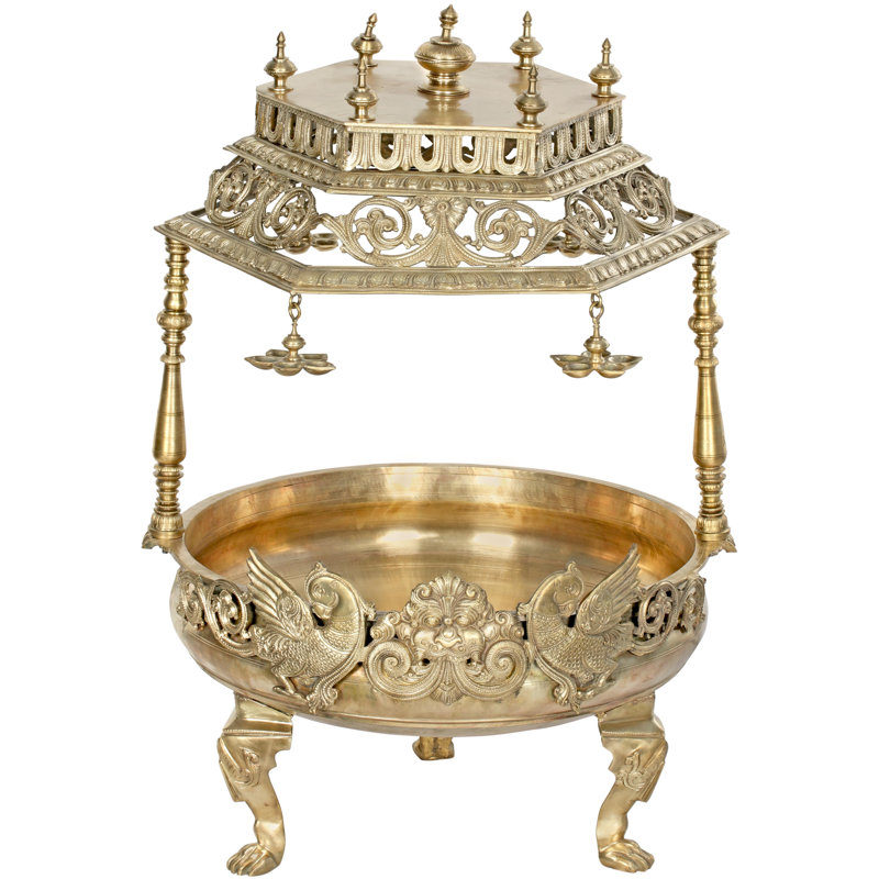 Ornement paon et Kirtimukha Urli avec toit de temple et sculpture pendantes Dias