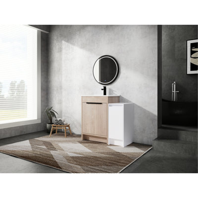Armoire de salle de bain autoportante 36 po avec lavabo et rangement en céramique, porte à fermeture en douceur, armoires de rangement en contreplaqué de 36 po, style contemporain à fermeture