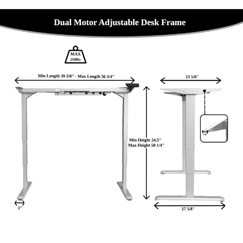 ErgoMax Dual Motor Electric Standing Desk Frame, Height Adjustable Sit Stand Desk Base 24.5”–50”, 3 Memory Controller, Heavy Duty Steel Frame 225 lbs, Black (Tabletop Not Included)