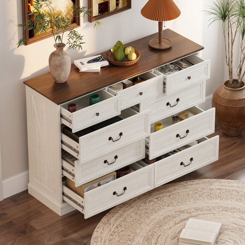 Commode de rangement classique à 9 tiroirs, Brun / grain de bois blanc