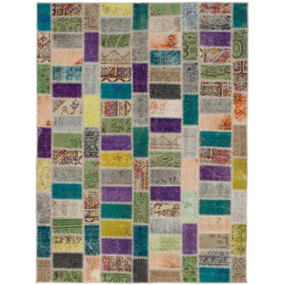 Tapis unique en laine noué à la main style patchwork des années 2010 de 5 pi 10 po x 7 pi 10 po gris / mauve / brun Kameah