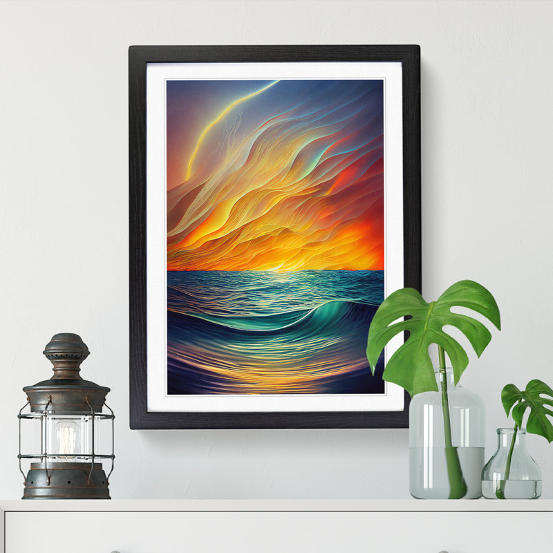 Seascape Flame Art - Single Picture Frame Print, Black, 64cm H x 46cm W x 2cm D