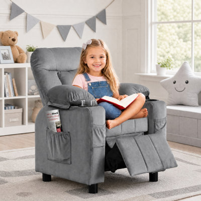 Toddler Recliner Chair with Cup Holder, Adjustable Velvet Kids Lounge Chair with Footrest and Side Pockets, Ergonomic Baby Sofa