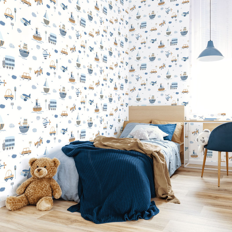 Plumerville 10m x 53cm Matte Wallpaper Roll, Cream/Blue/Greige