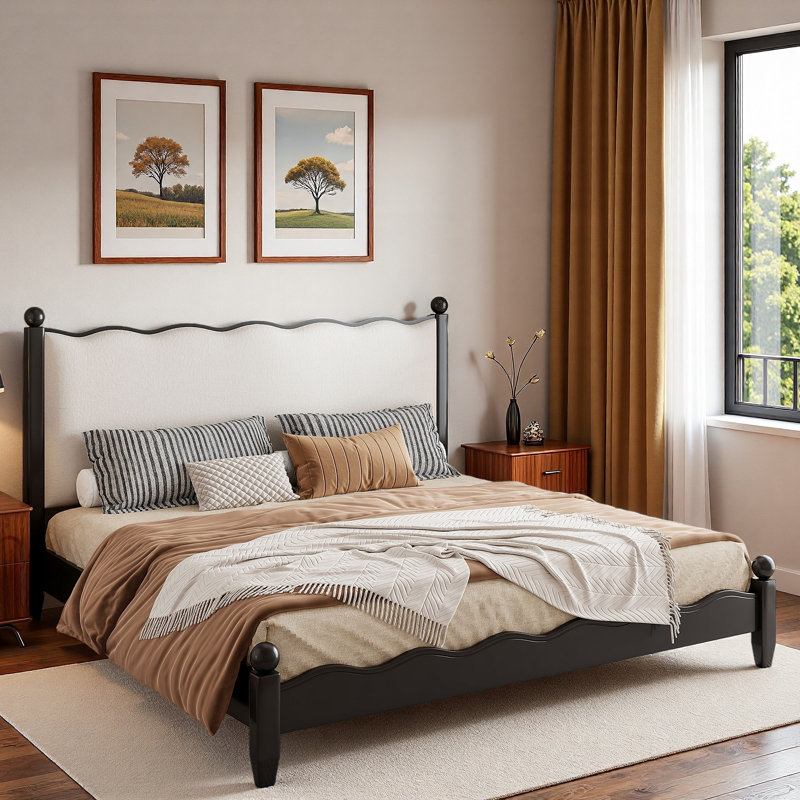 Lit plateforme en bois avec tête de lit tapissier festonnée, Noir / Beige, Grand lit