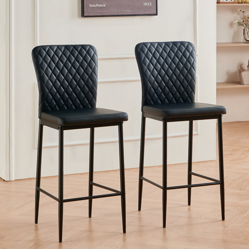 Vintage Upholstered Armless Bar Stool, Black Faux Leather