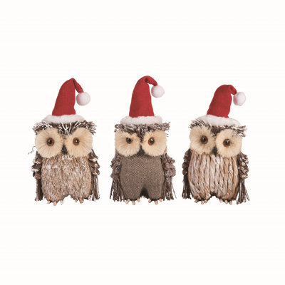  Sisal Owl w/Santa Hat Set of 3 Christmas Home Decorations