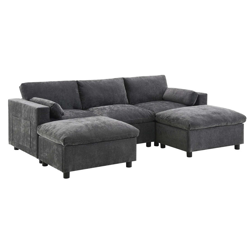 Amanollah 86.5''Chenille 5-Piece Sectional With Storage Pockets, Black Chenille