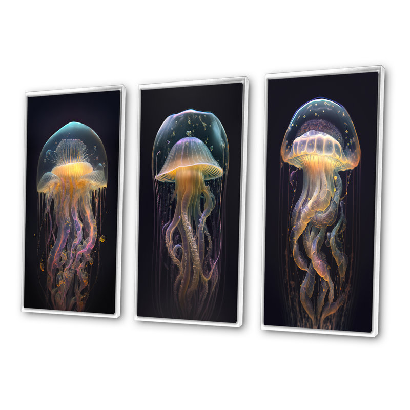«Jellyfish», 3 pièces sur toile, Cadre flottant blanc, H 28 po x l 36 po