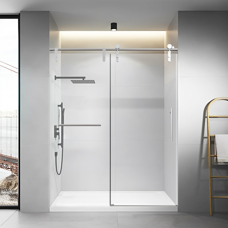 56-60" W * 76" H Frameless Single Sliding Shower Doors Without Soft-Close, Bathroom Sliding Shower Door With Towel Rail And Auxiliary Handle, 5/16" (8Mm) Thick Sgcc Tempered Glass Door, Chrome