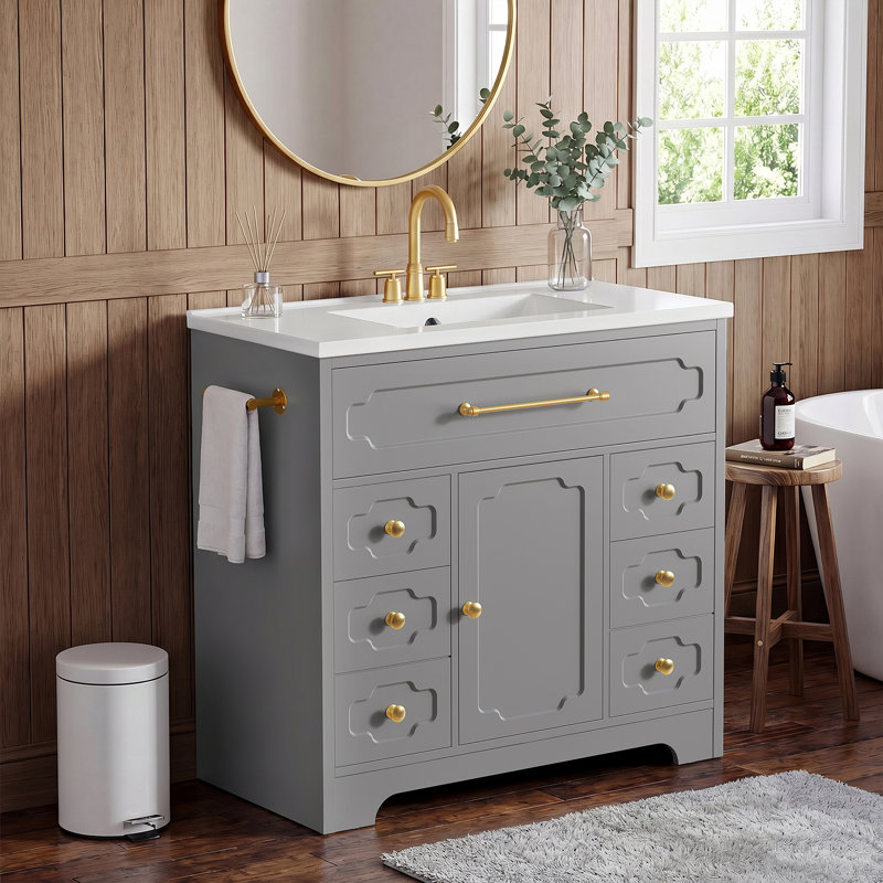 36" Freestanding Bathroom Vanity with Single Ceramic Sink, 6 Drawers & Adjustable Shelf, Gray