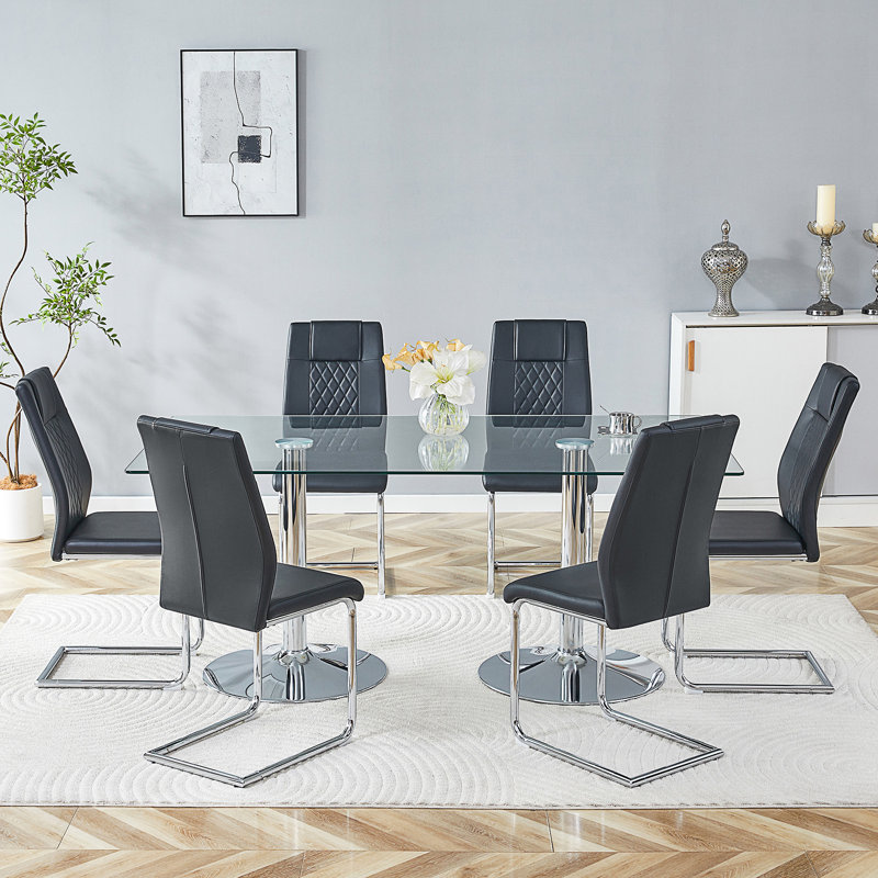 Ensemble de table et de chaises. Table en verre trempé de 71 po x 35,4 po, 7 pièces : table, 6 chaises, Argent