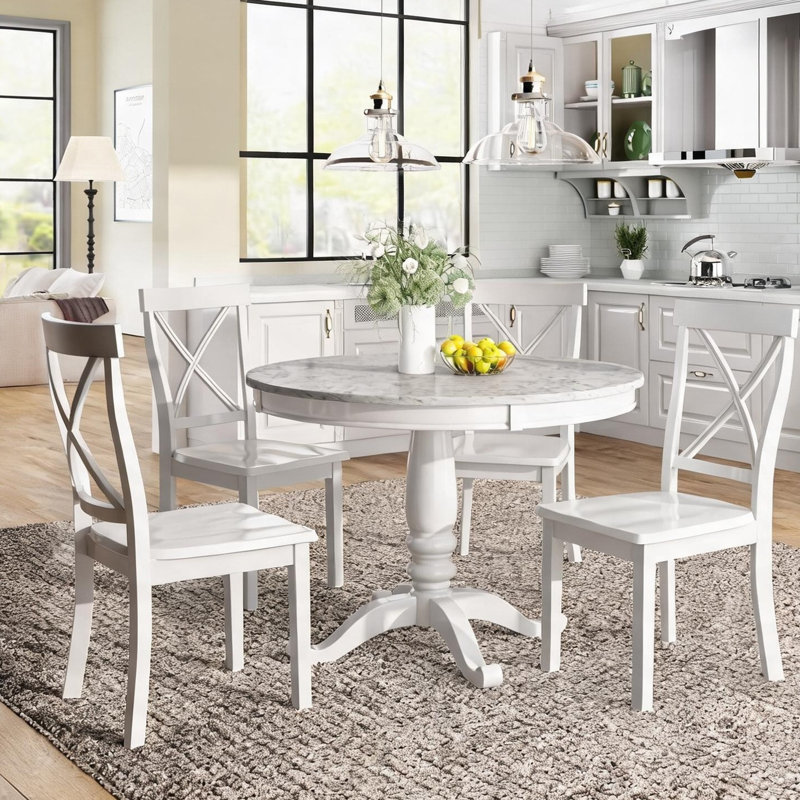 Ensemble de salle à manger 5 pièces Classic Classic White Modern avec chaises en bois massif pour 4 personnes, table rectangulaire