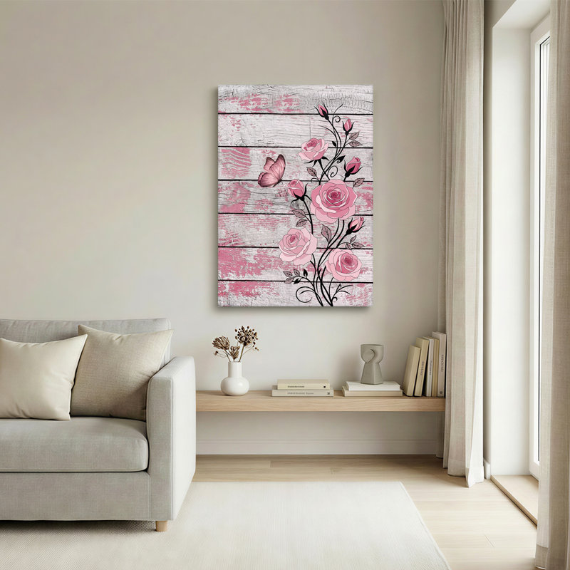 Roses roses et papillon sur toile de bois blanc vieilli, 40"H x 28"W