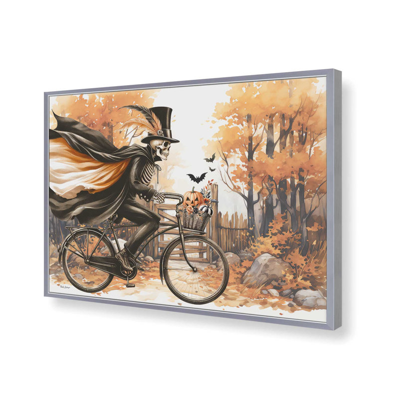 «Halloween Skeleton Bicycle» par Nicole DeCamp, reproduction d'art, Argent, Impression encadrée, L 16 po x H 12 po