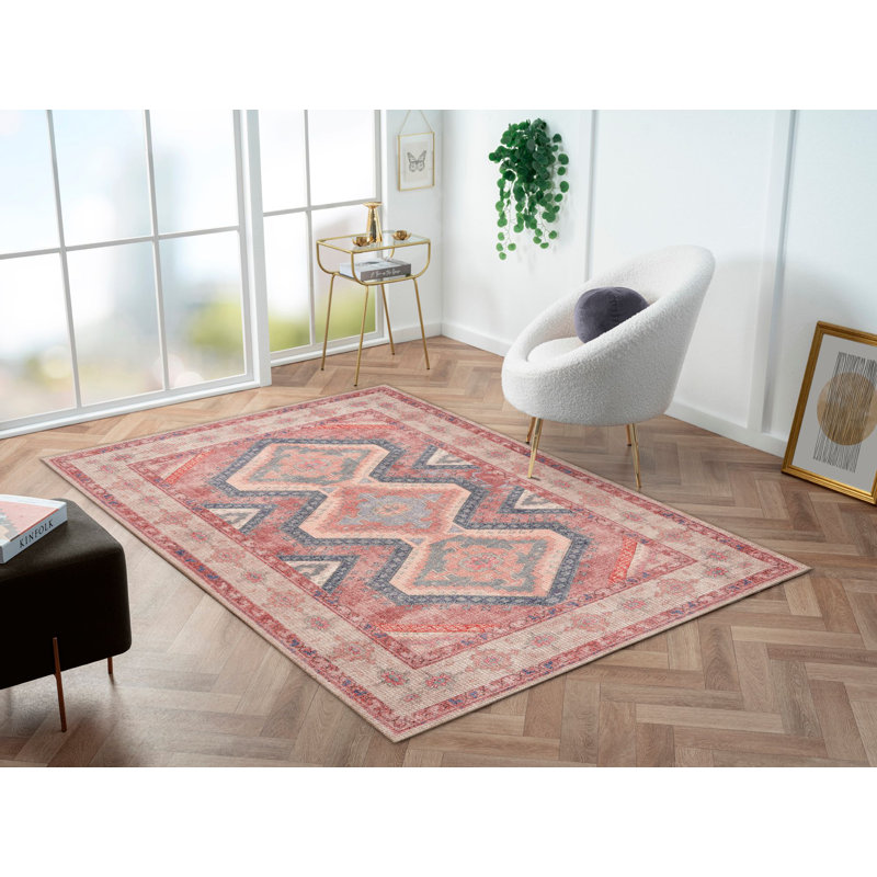 Tapis tissé en rouge / crème / bleu lavable à la machine, Rectangle 3 pi 9 po x 5 pi 6 po