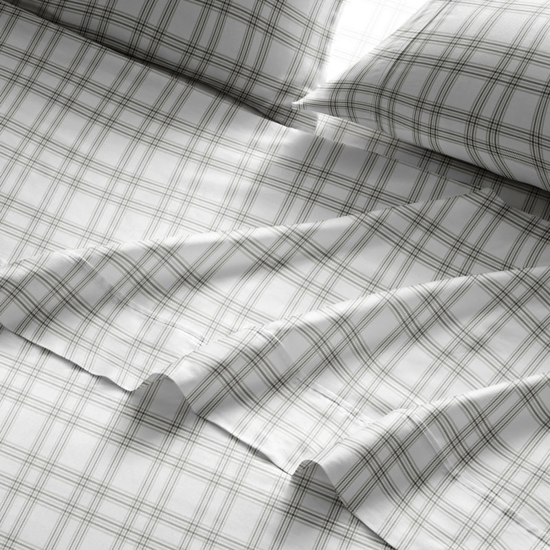 King Gray Plaid Cotton Percale Sheet Set
