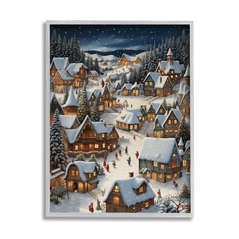 Ba-851 - Village de Noël enneigé encadré sur bois par RB Print, Estampe numérique Farmhouse, H 14 po x l 11 po x P 1,5 po