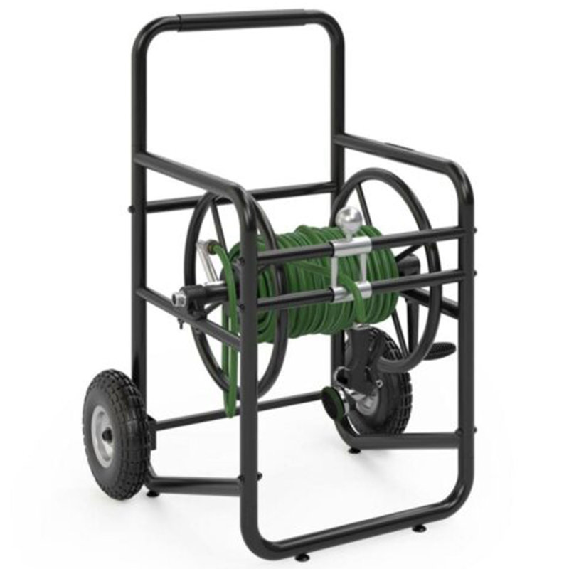 Black Steel Manual Crank Hose Reel Cart with Flat-Free Tires
