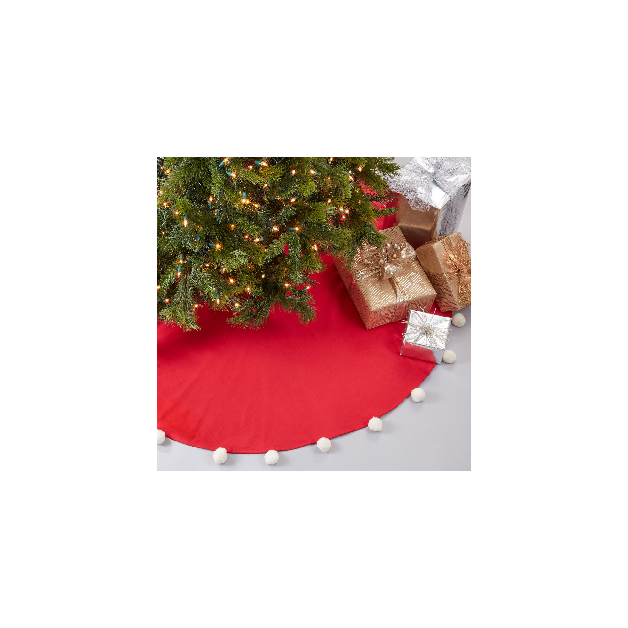 Pom Pom Collection Cotton Tree Skirt, 72" x 72", Red