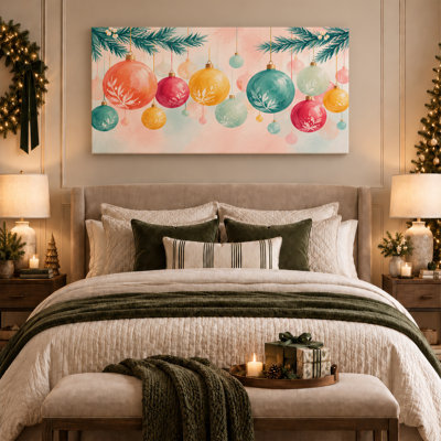 Aquarelle de boules suspendues à des branches de pin, art mural de Noël