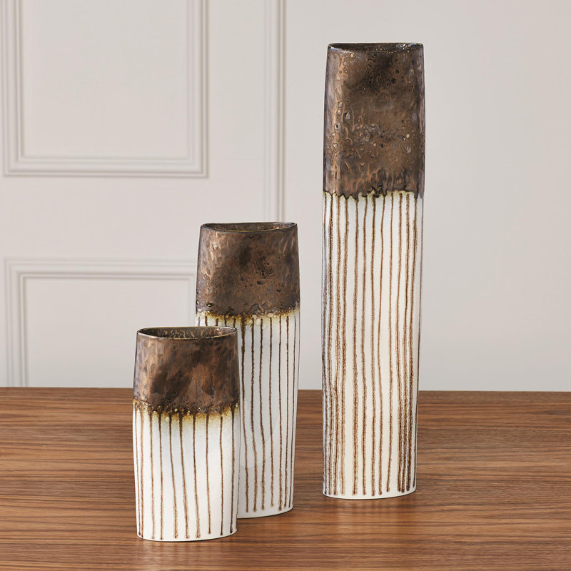 Reactive Bronze Stripe Oval Vase, 12.75" H x 4.75" W x 2.5" D