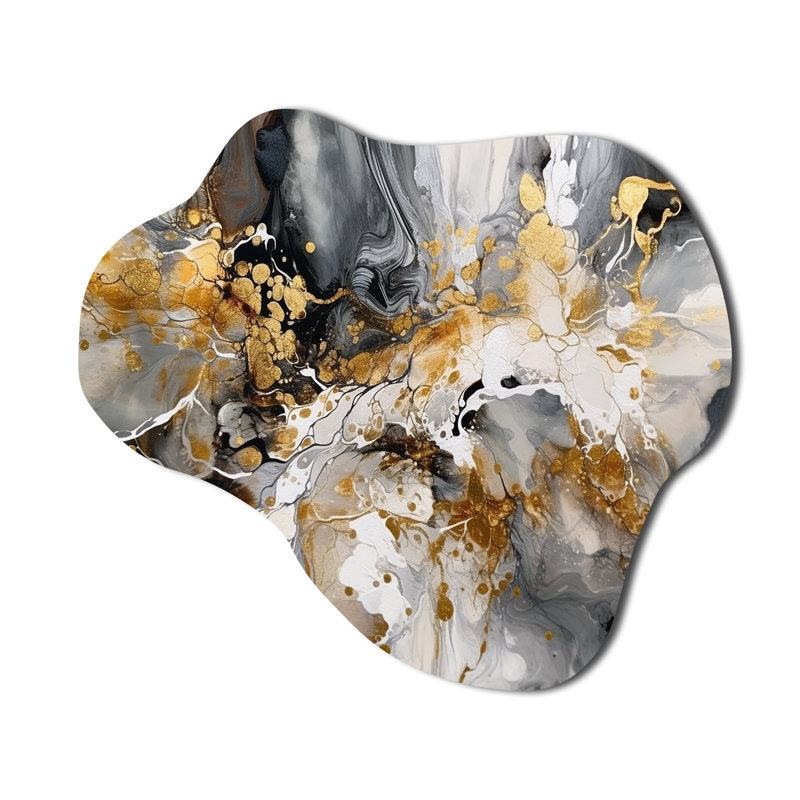 Grey Gold Delicate Abstract Brushstrokes IV - Marble Cloud Metal Wall Art, Grey Asymmetrical Metal Art Print