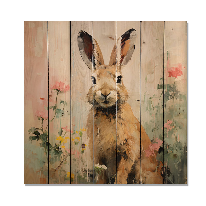 Curious Floral Rabbit Meadow III - Lapin sur bois, H 36 po x l 36 po