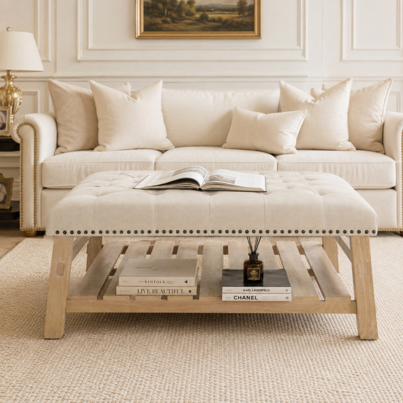 Table basse carrée avec repose-pieds, repose-pieds rembourré et garniture cloutée, Beige Linen
