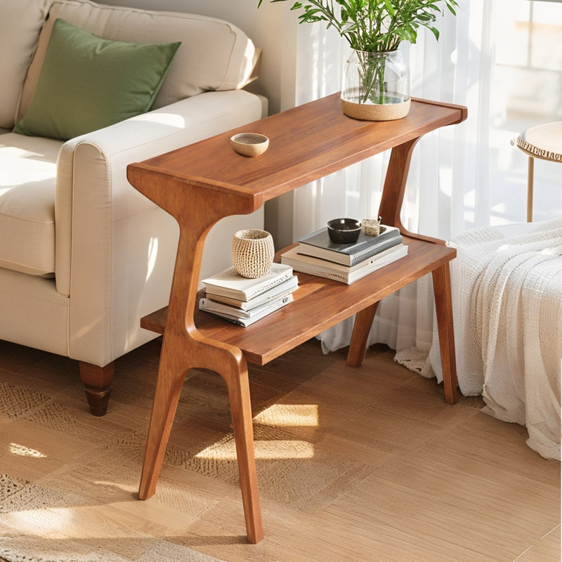 Table de bout en bois massif, table d'appoint à 2 niveaux avec tablette de rangement, Brun cerisier