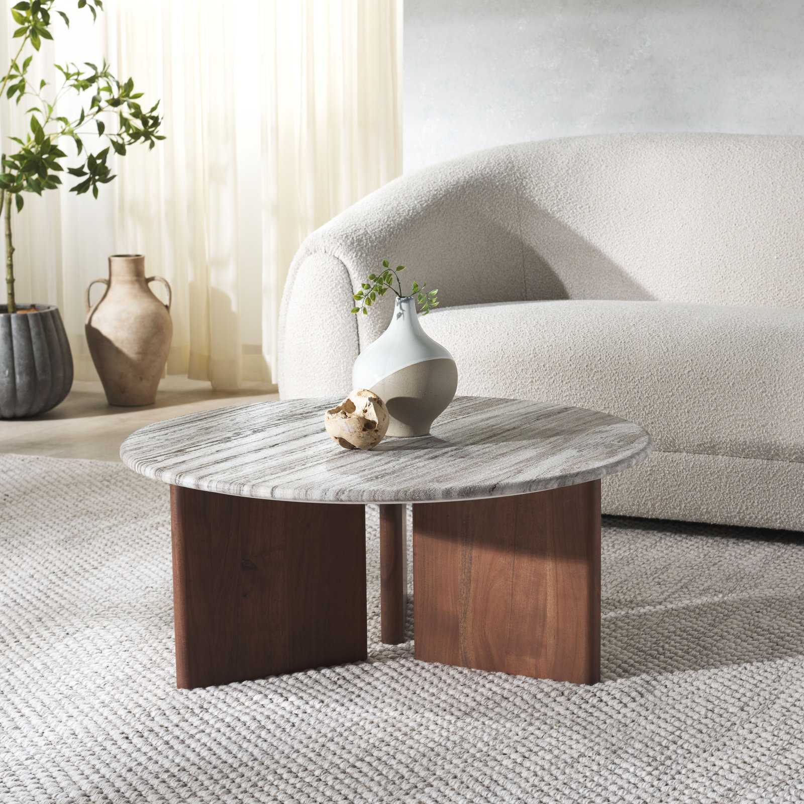 Ferney 35" Genuine Marble Coffee Table, Walnut