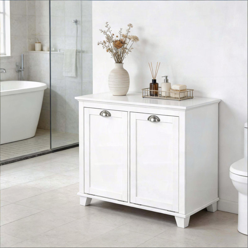 Sleek Tilt-Out Laundry Hamper Cabinet With Ample Storage And Anti-Toppling Design For Modern Bathrooms, White
