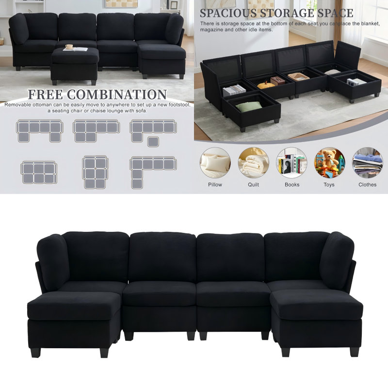 Canapé modulaire à 6 places avec repose-pieds et rangement Freely Combinable, conception en U modulaire en polyester