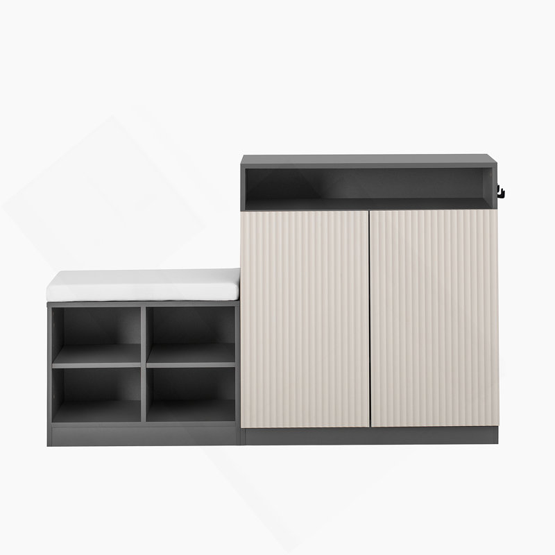 Living Room Cabinet With Shoe Bench, 2 Doors And 3-Tier Adjustable Shelves, Beige/Gray